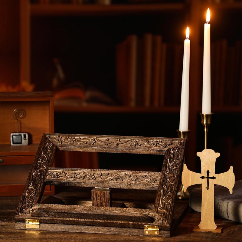 DoubleFill حامل الكتاب المقدس الخشبي القابل للتعديل، حامل الكتاب المقدس المنحوت، حامل الميسال، عرض الكتاب للقراءة، قابل للطي، حامل الكتاب المقدس الخشبي للصلاة، 12.99 × 10.04 بوصة (بني داكن) - Image 5